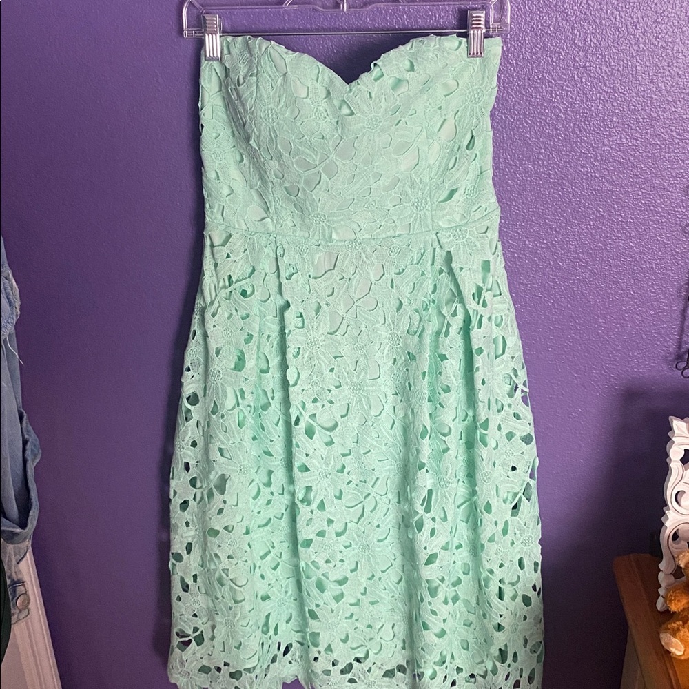 Mint Green Strapless Floral Lace Midi Dress